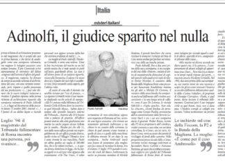 GIUDICE ADINOLFI SCOMPARSO, “Quel senso di morte silenzioso”, di Angela Camuso su L’Unità autrice del BEST SELLER sulla BANDA DELLA MAGLIANA”MAI CI FU PIETA” (Castelvecchi)